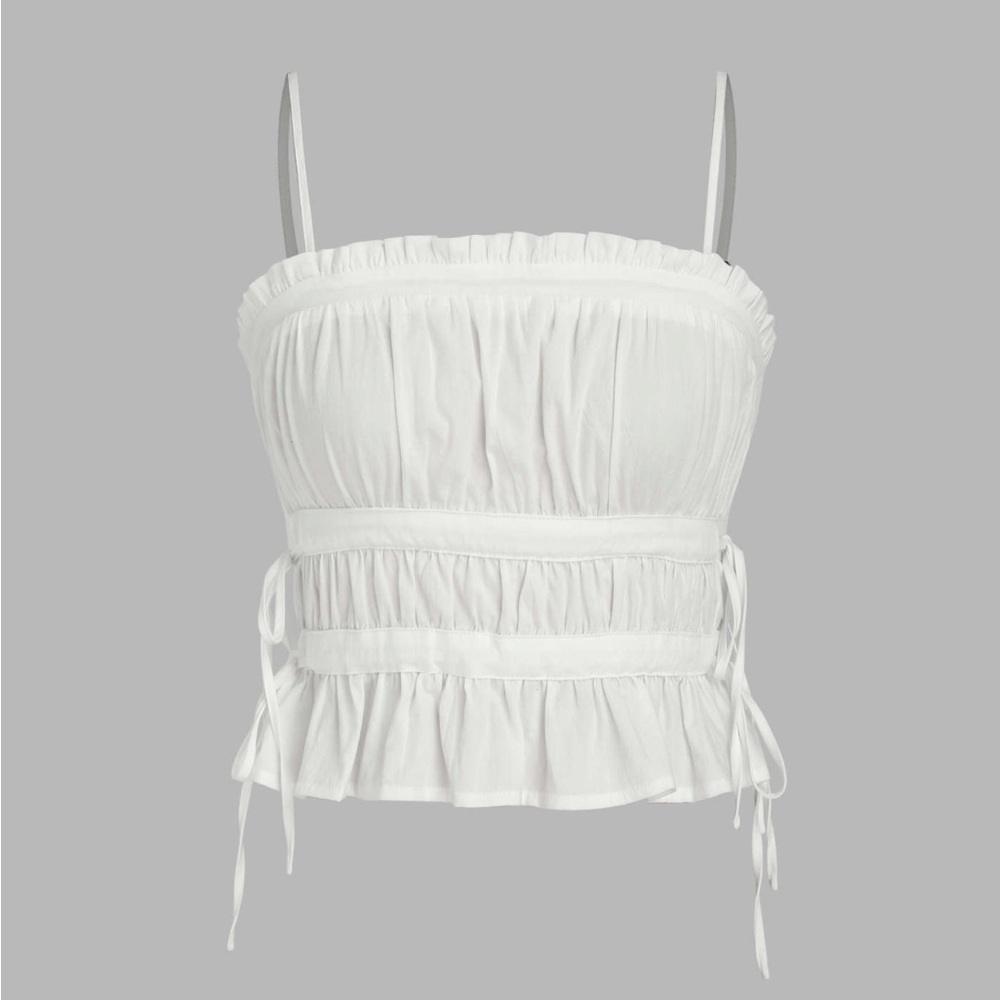 Spaghetti Strap Rouched Tie White Cami Top
